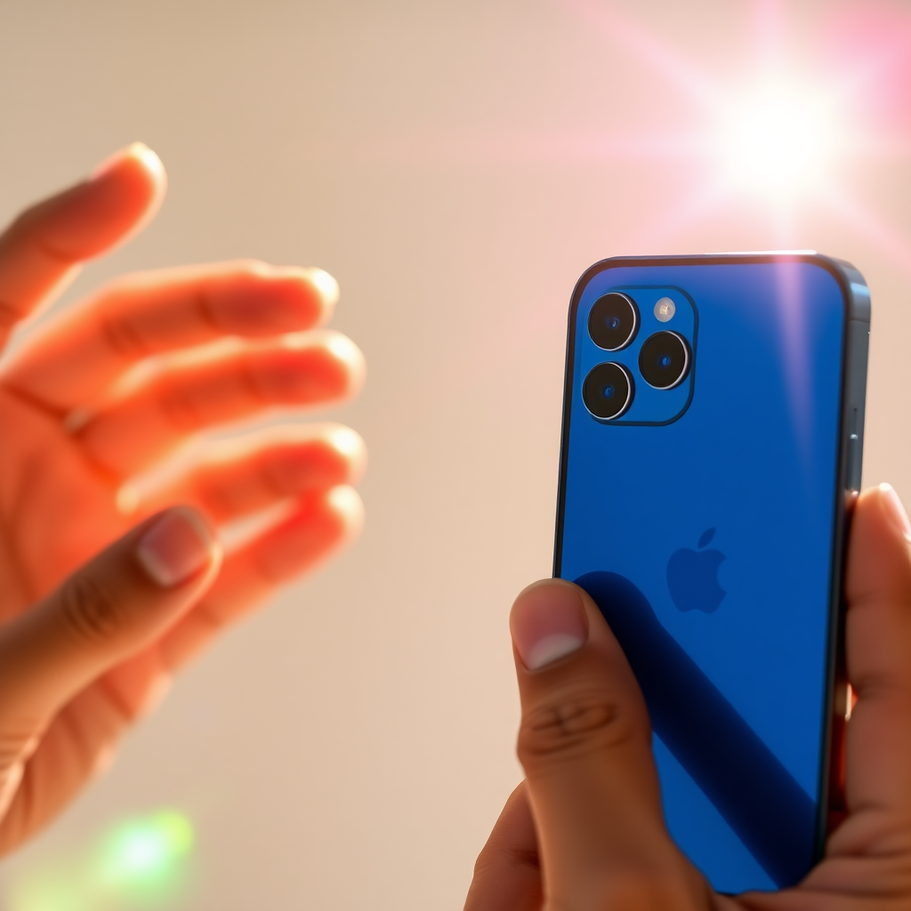 diverse hands, light contrast, front of screen iPhone 13 Pro showing phone screen, sun glare close up, fingers on holding side of phone. iPhone is blue.