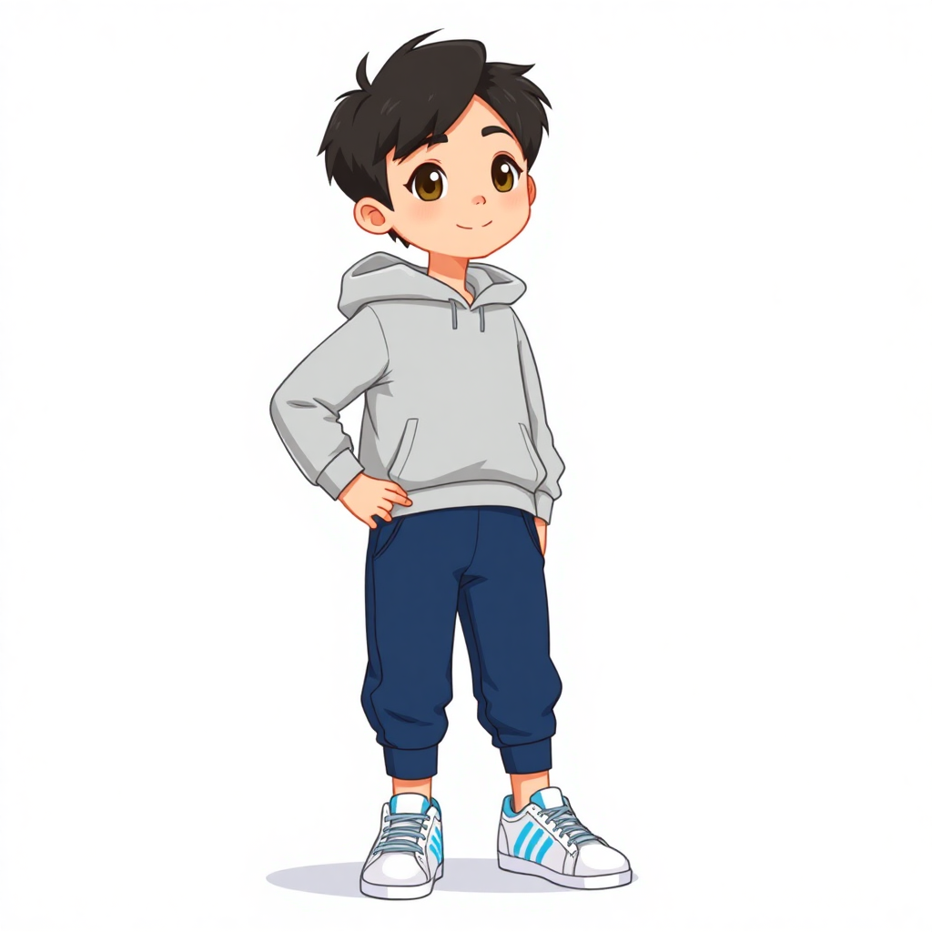 "A cartoon-style full-body character of a single 12-year-old Korean boy named Youngjae. Youngjae has short, slightly messy black hair and bright, dark brown eyes that reflect his energetic and inventive personality. He wears a plain light gray hoodie, paired with navy blue jogger pants that taper at the ankles for a sporty and youthful look. His outfit is completed with white sneakers featuring three light blue stripes for a playful touch.

Youngjae is shown in a confident and engaging pose. One hand rests on his hip, while the other holds a small robot he built, proudly showcasing his inventive skills. His posture leans slightly forward, emphasizing his curiosity and energy.

The background is completely white or transparent, keeping the focus entirely on Youngjae. The style is vibrant, colorful, and polished, suitable for a children’s educational story. Only one full-body character should appear in the image, with no additional elements or duplicates."