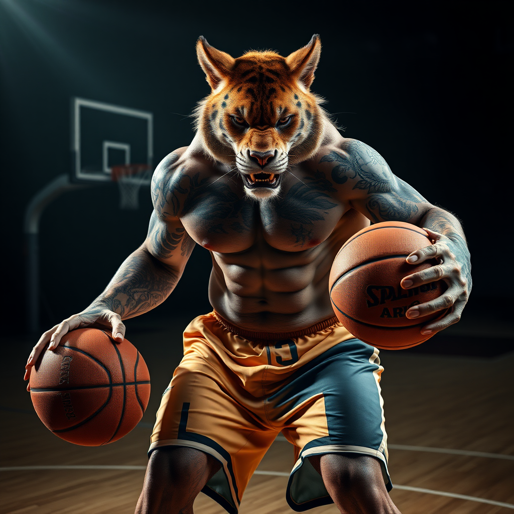 : Create a hyper-realistic, cinematic image of a [Animal Name] with the physique of a strong, muscular human, playing basketball. The [Animal Name] should have its natural head and features but with a powerful, human-like body covered in tattoos, wearing basketball shorts and holding a basketball with a fierce and intense expression. Set the scene on a basketball court with a dark, intense atmosphere, adding dramatic lighting that highlights the animal's muscular build and intimidating presence