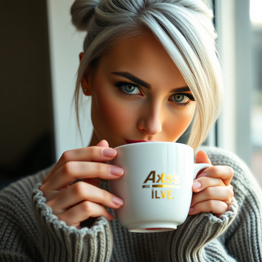 "A beautiful, cinematic close-up of a woman with striking silver hair tied back, deep green eyes, and bold red lips sipping from a stylish white ceramic coffee mug with a sleek logo design. The branding is subtly incorporated with a gold and black color scheme. She wears a cozy yet elegant sweater, sitting by a window with soft natural light, creating a warm and inviting atmosphere. The focus is on the mug and her captivating gaze, making the scene feel aspirational and sophisticated."