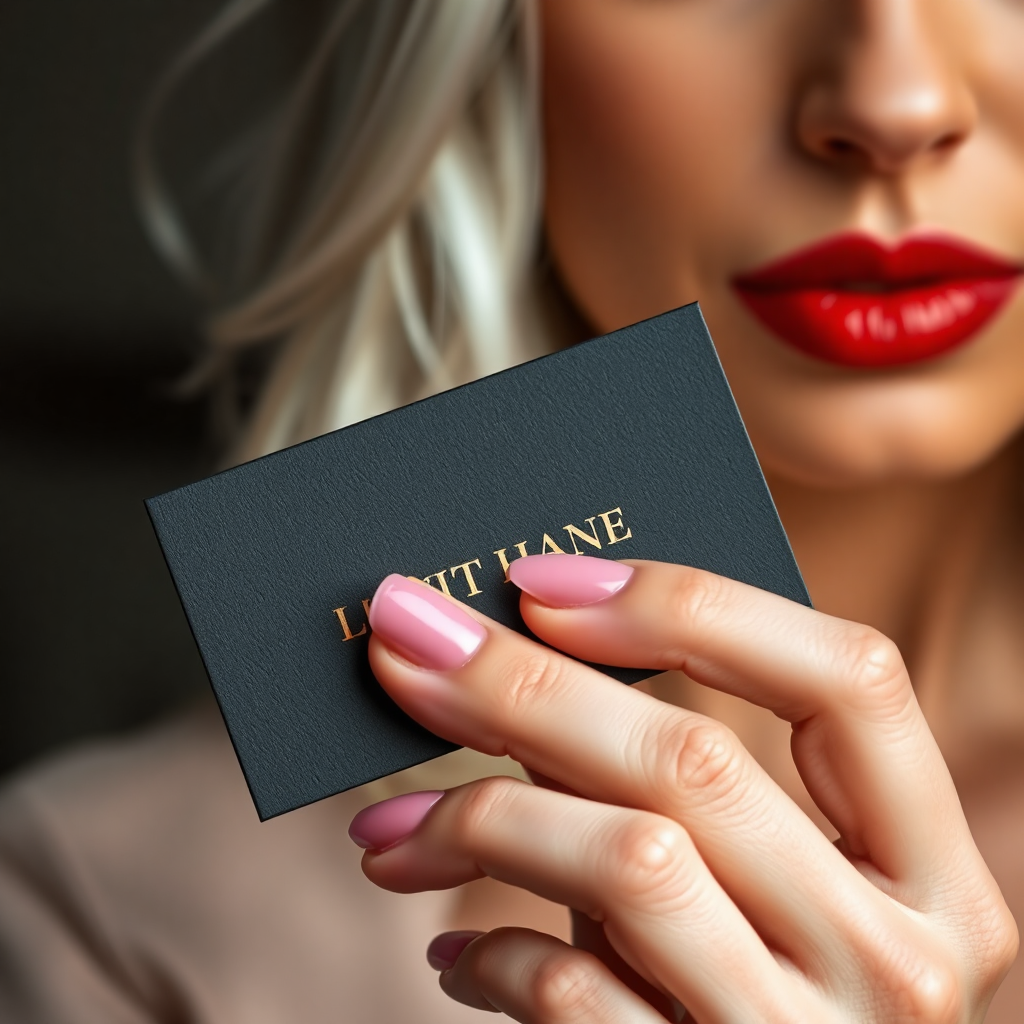 "A close-up shot of a woman’s elegantly manicured hand holding a luxurious black business card with embossed gold lettering, subtly showcasing her brand identity. The background reveals a partial view of her striking face with silver hair, green eyes, and full red lips, softly out of focus to maintain the card as the focal point. The atmosphere is refined, modern, and impactful, perfect for an entrepreneur looking to make a bold first impression."