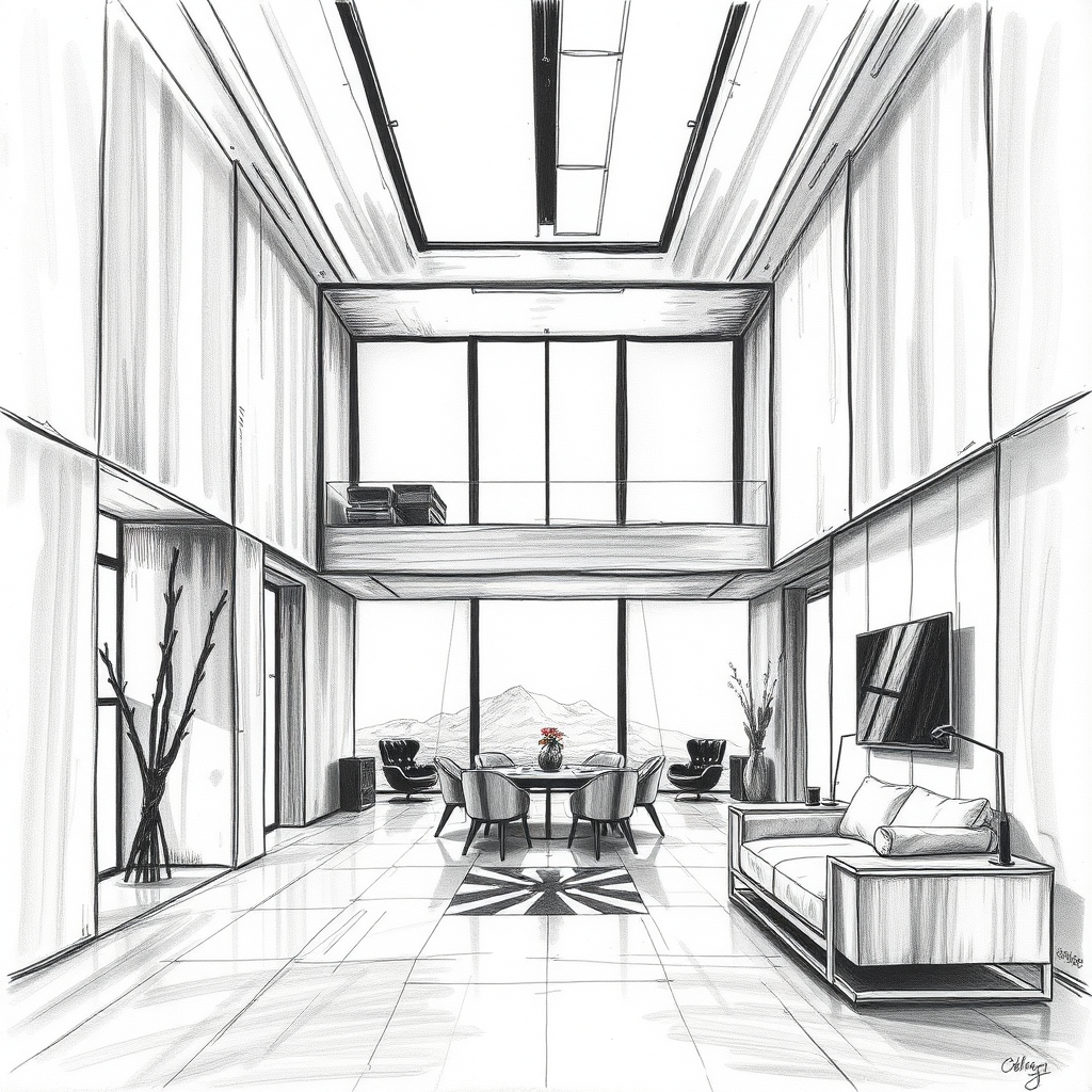 {a interior view of a conceptual, futuristic and modern interior unifamiliar house, architectural space, minimalism},charcoal drawing style,dramatic contrast,expressive strokes,rich textures,dynamic composition,professional-grade finish, futuristic aesthetic