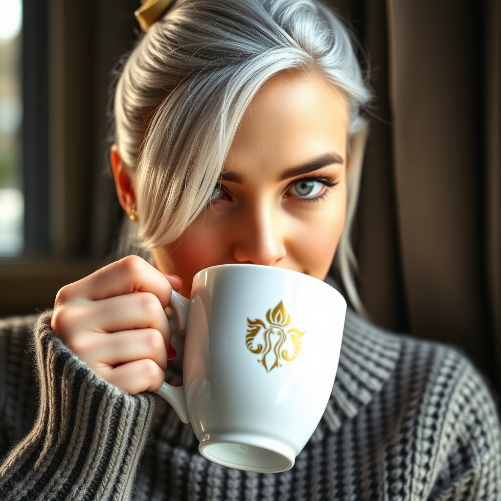 "A beautiful, cinematic close-up of a woman with striking silver hair tied back, deep green eyes, and bold red lips sipping from a stylish white ceramic coffee mug with a sleek logo design. The branding is subtly incorporated with a gold and black color scheme. She wears a cozy yet elegant sweater, sitting by a window with soft natural light, creating a warm and inviting atmosphere. The focus is on the mug and her captivating gaze, making the scene feel aspirational and sophisticated."