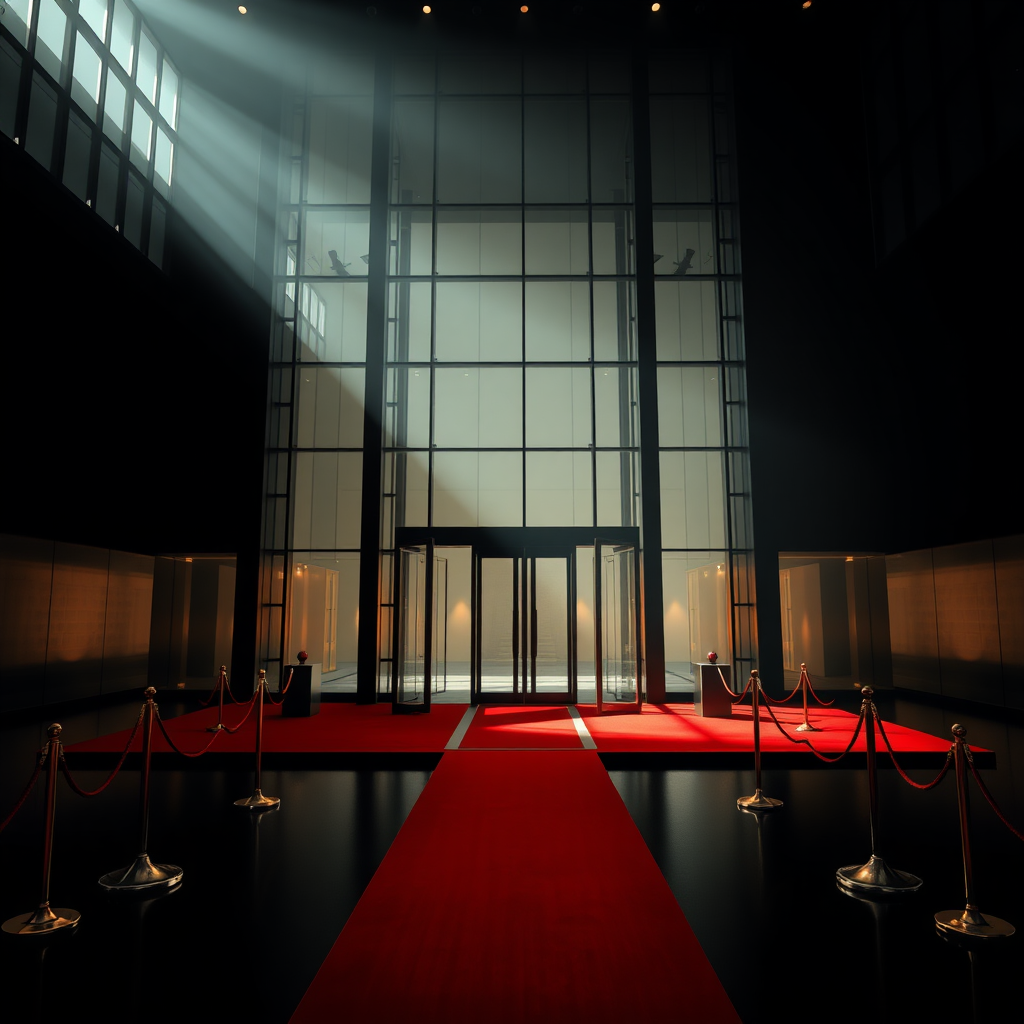 UHD, 4K, {large majestic glass entrance to modern futuristic building, large windows to the floor, (isolated in a large black empty space1:2), beam of light coming through a lateral illuminates the large stately portico, Red carpet flanked with golden cord and pedestals}, dramatic lighting, high contrast, 35mm, lateral upper perspective view, professional, epic, highly detailed