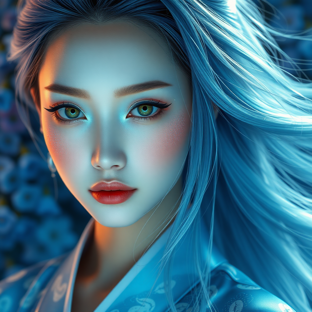 beautiful Asian woman with subtle snake features, iridescent blue scales on fair skin, emerald eyes with vertical pupils, flowing silver-blue hair, modern hanbok with snake patterns, soft lighting, detailed, masterpiece, subtle blue scales, emerald eyes, vertical pupils, "blue silk hanbok", soft dreamy lighting, blue flowers background, magical atmosphere
