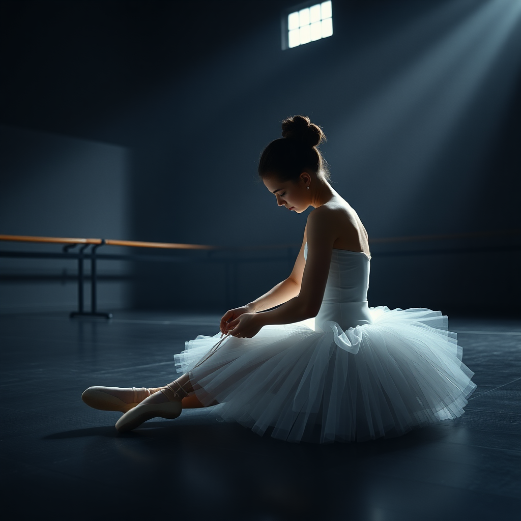 UHD, 4K, {classical ballet dancer, hair up, tutu, sitting on floor, (tying ballet shoes), large dark rehearsal room, beam of light coming through a lateral illuminates the shoe she is tying}, dramatic lighting, high contrast, 35mm, professional, epic, highly detailed