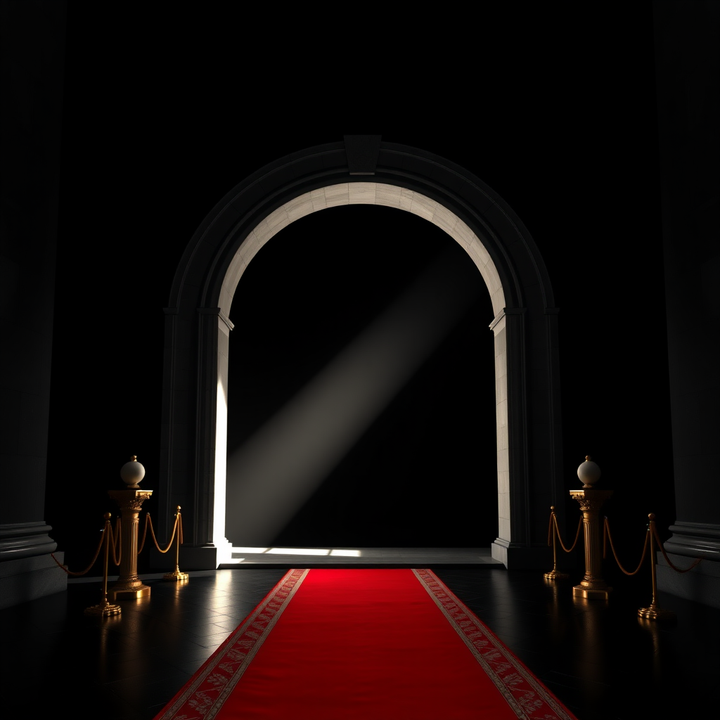 UHD, 4K, {large majestic portico with arch, stone, minimalist moder style, (isolated in a large black empty space1:2), beam of light coming through a lateral illuminates the large stately portico, Red carpet flanked with golden cord and pedestals}, dramatic lighting, high contrast, 35mm, lateral upper perspective view, professional, epic, highly detailed