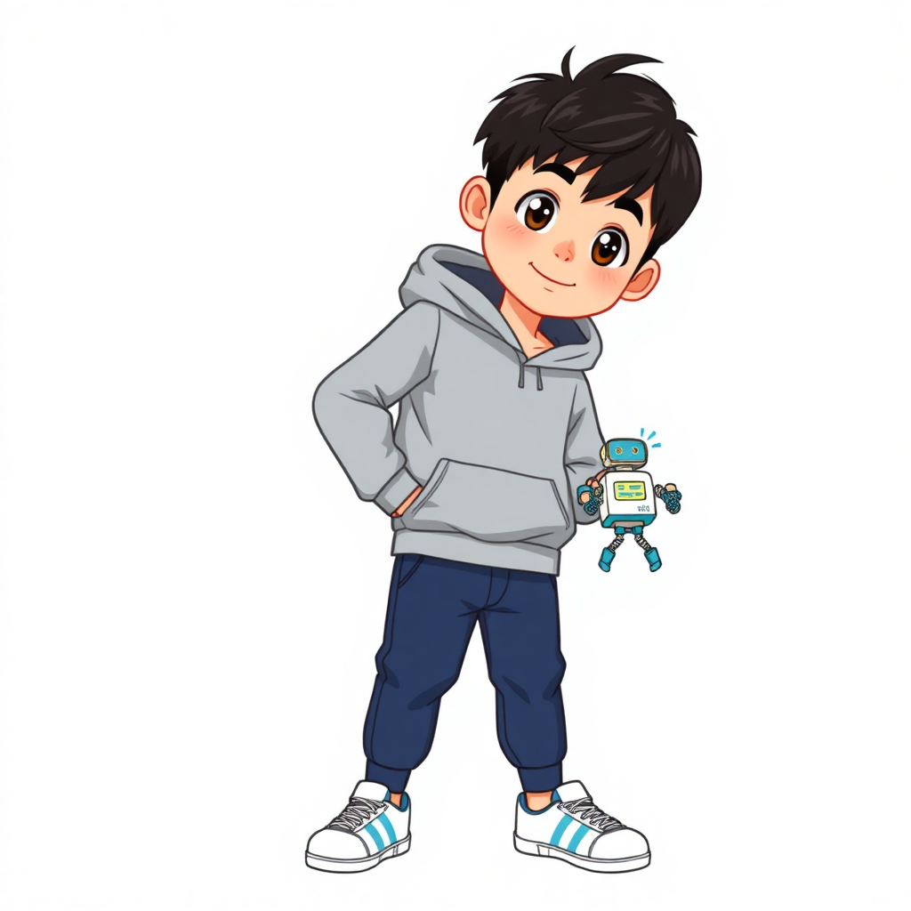 "A cartoon-style full-body character of a single 12-year-old Korean boy named Youngjae. Youngjae has short, slightly messy black hair and bright, dark brown eyes that reflect his energetic and inventive personality. He wears a plain light gray hoodie, paired with navy blue jogger pants that taper at the ankles for a sporty and youthful look. His outfit is completed with white sneakers featuring three light blue stripes for a playful touch.

Youngjae is shown in a confident and engaging pose. One hand rests on his hip, while the other holds a small robot he built, proudly showcasing his inventive skills. His posture leans slightly forward, emphasizing his curiosity and energy.

The background is completely white or transparent, keeping the focus entirely on Youngjae. The style is vibrant, colorful, and polished, suitable for a children’s educational story. Only one full-body character should appear in the image, with no additional elements or duplicates."