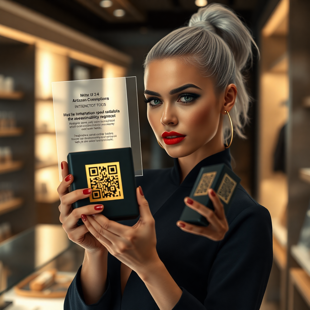 "A futuristic and elegant product packaging display featuring an artisan cosmetic or specialty food item with integrated augmented reality (AR) technology. The packaging is sleek and modern, with a minimalist design incorporating a stylish QR code printed in gold foil. A stunning woman with silver hair tied in a high ponytail, mesmerizing green eyes, and full red lips holds the package confidently. She scans the QR code with her smartphone, revealing a holographic-like augmented reality experience displaying interactive product details—floating ingredient descriptions, an animated sustainability impact visualization, and a branded social media filter preview. The setting is a high-end boutique or a sophisticated modern workspace with soft ambient lighting. The composition balances realism and innovation, with a cinematic color palette of deep navy, gold accents, and matte neutrals. The image exudes exclusivity, technology, and next-level branding, emphasizing the seamless blend of physical and digital marketing."