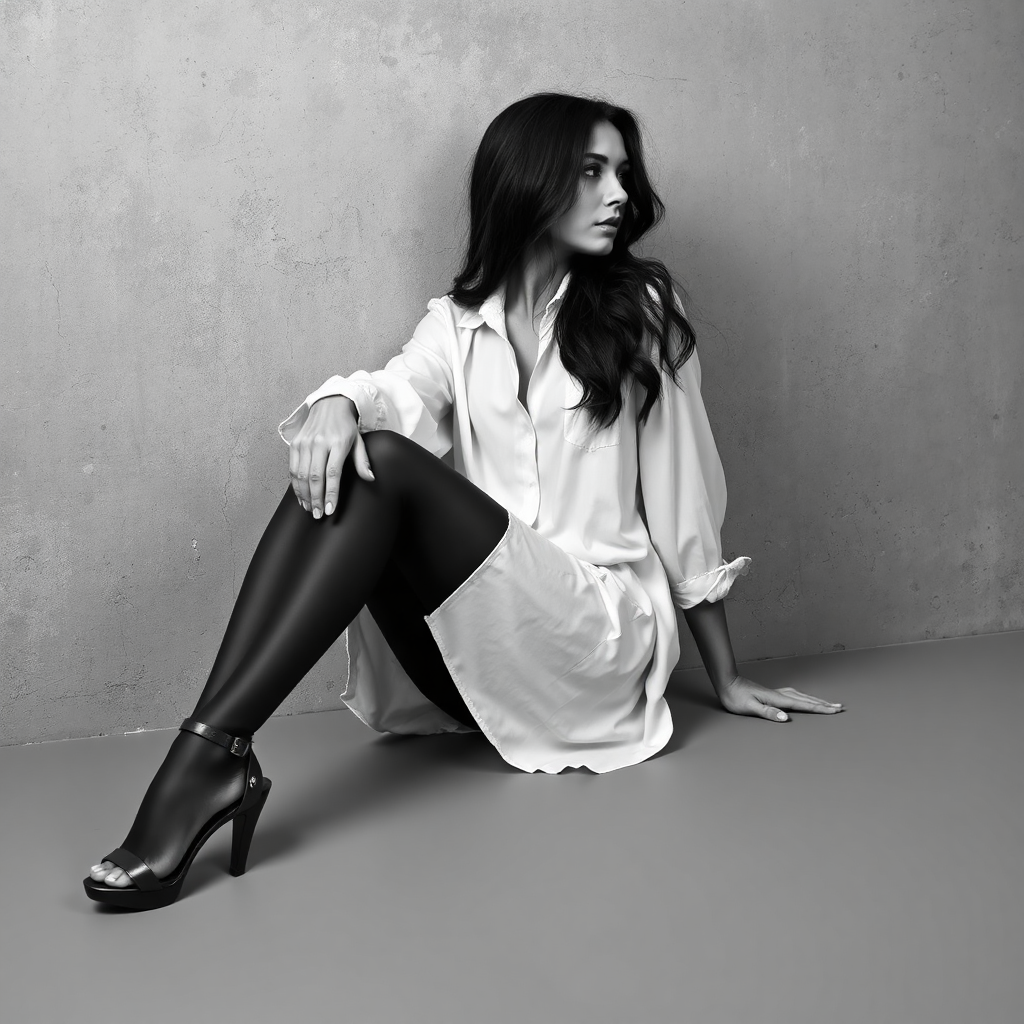 A grayscale, slightly impressionistic,  portrait of a woman seated in a studio setting.  She is leaning against a textured concrete wall with a subtle, rough texture.  She is wearing a loose, white, button-down shirt, which is slightly billowing.  Her legs are long and slender, posed with one leg resting slightly in front of the other, and clad in tights or similar tight-fitting dark fabric.  She's wearing high-heeled sandals with ankle straps and a visible "LR" marking on the right shoe.  Her hair is long and wavy, falling around her shoulders and upper back.  She is looking off to her right, side profile, with a contemplative expression.  The lighting is soft and diffused, highlighting the form of her body and emphasizing the shadows. The floor is a neutral tone. The overall mood is sophisticated and suggestive of a melancholic or subtle, dramatic emotional state.  Maintain strong lines and focused lighting on the subject.