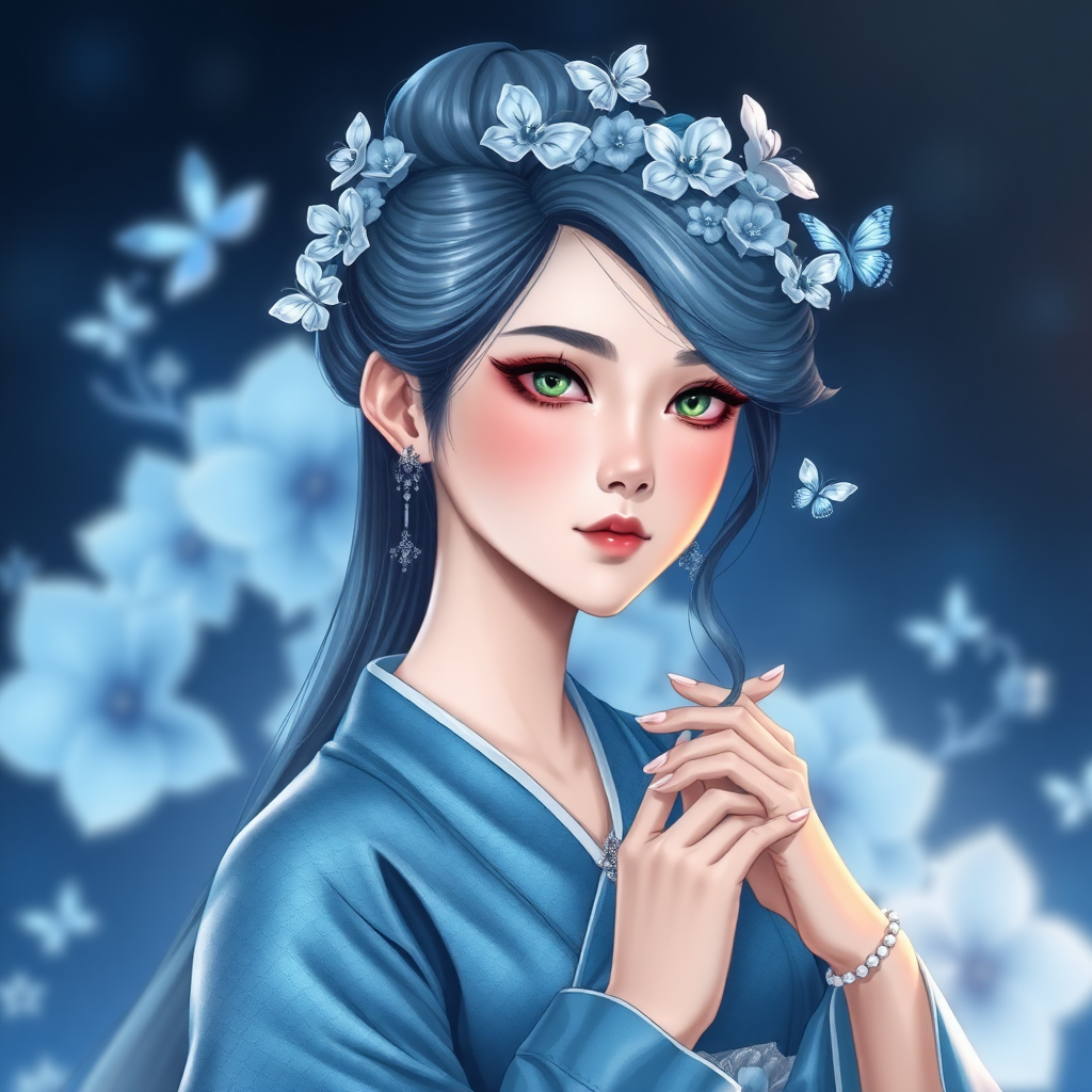 /imagine prompt: elegant Asian woman in blue silk hanbok, iridescent snake scales on fair skin, sharp emerald eyes, silver ornaments, gentle pose, blue flower background --ar 2:3 --niji 5 --style elegant, bad anatomy, bad proportions, blurry, ugly, deformed, extra limbs, missing limbs, deep fried, bad art, poorly drawn, Subtle snake features, Iridescent blue scales, Silver-blue hair with delicate blue flowers and butterflies, Dreamy background with soft, ethereal blue and silver lighting::