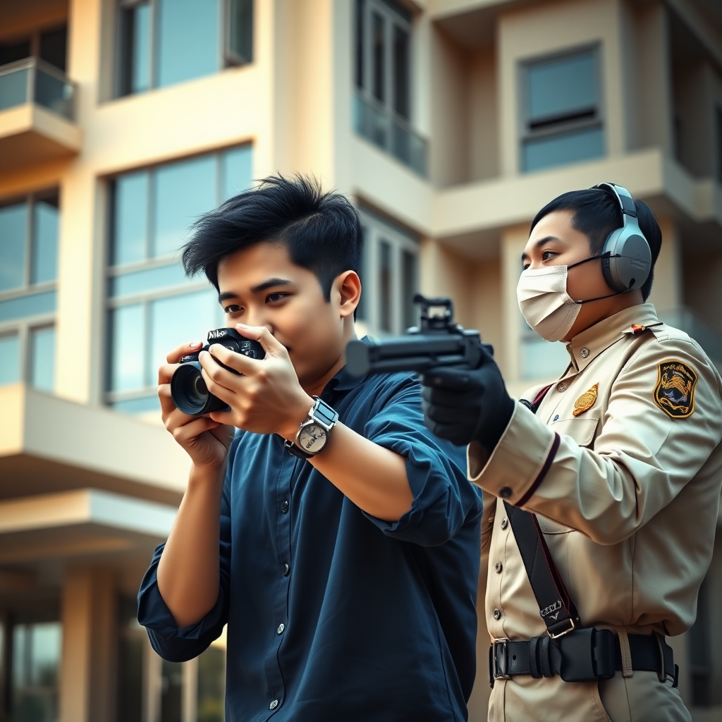 Raw photography 4D, extremely detailed A image scene. An Asian handsome young male  in a dark blue shirt, wearing a Nikon wristband, actively taking a photograph. Focus is on his hands holding a DSLR camera with a large lens. He is positioned in front of a modern, cream colored building with large glass windows, and a slightly stylized, almost impressionistic,  treatment of the building exterior. The building has a strong sense of depth and form, with multiple levels and balconies indicated by shadows and architectural lines. The light suggests an outdoor setting in a bright day. Beside, face to face the other man in a light beige uniform,  wearing a face mask, positioned with a long-barreled weapon aimed. He is holding the weapon in his right hand, and his uniform is detailed with an insignia or emblem. He has dark blue/black hair.   A similar impressionistic approach to architecture and lighting is used on the building elements behind the right figure compared to the building on the left. The color palette is a combination of warm creams, light beige, and dark blues/blacks and greys, with a strong contrast between the man's uniform and the background. The overall aesthetics are photorealistic, but have some impressionistic effects.  A dark background visually separates the subjects from the building in both parts of the image. An important detail is the presence of ear protection on the right figure.