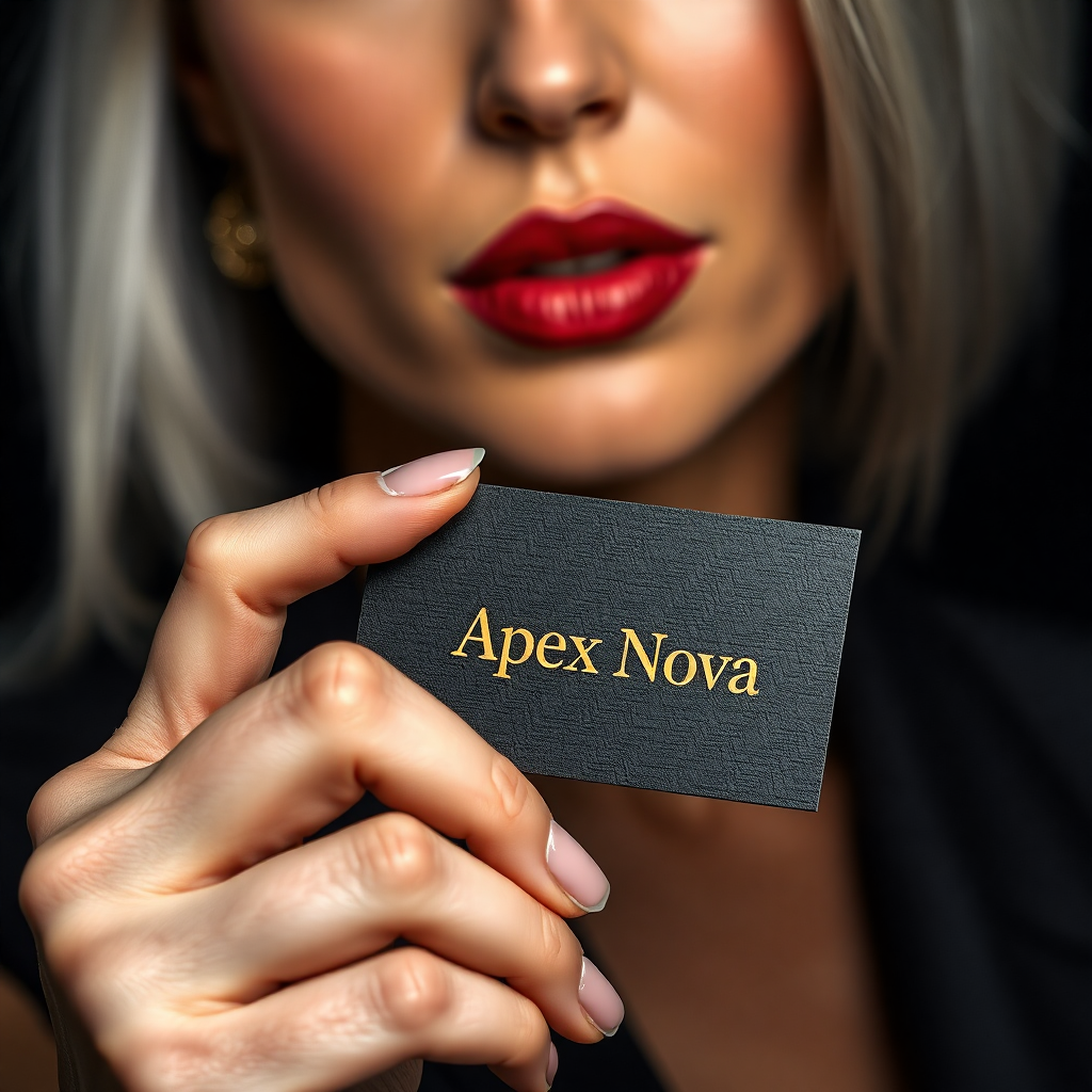 "A close-up of a woman's elegantly manicured hand holding a luxurious black business card with embossed gold lettering, subtly displaying her brand identity 'Apex Nova'. The background reveals a partial view of her striking face with silver hair, green eyes and full, red lips, slightly out of focus to keep the card as the focal point. The atmosphere is refined, modern and impactful, perfect for an entrepreneur looking to make a bold first impression."