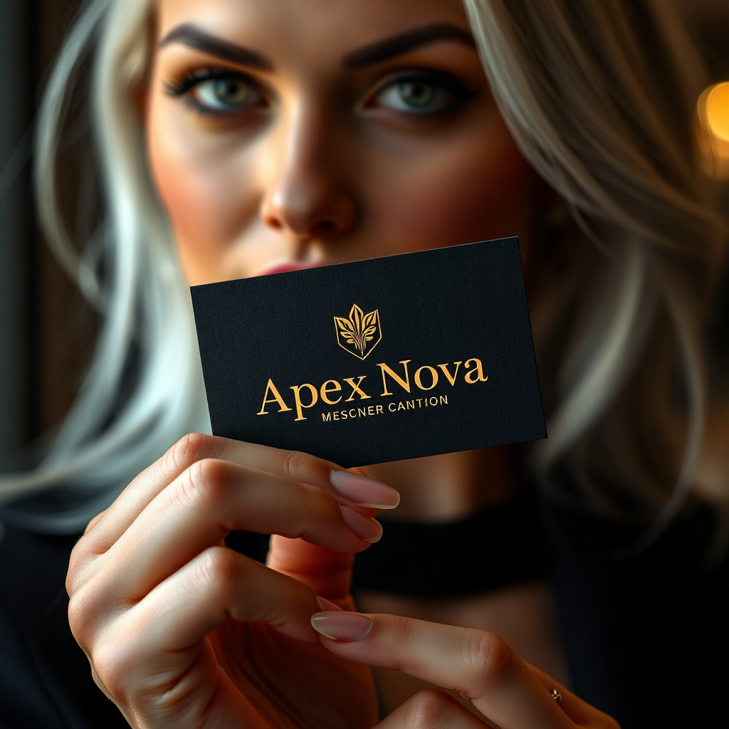 "A close-up of a woman's elegantly manicured hand holding a luxurious black business card with embossed gold lettering, subtly displaying her brand identity 'Apex Nova'. The background reveals a partial view of her striking face with silver hair, green eyes and full, red lips, slightly out of focus to keep the card as the focal point. The atmosphere is refined, modern and impactful, perfect for an entrepreneur looking to make a bold first impression."