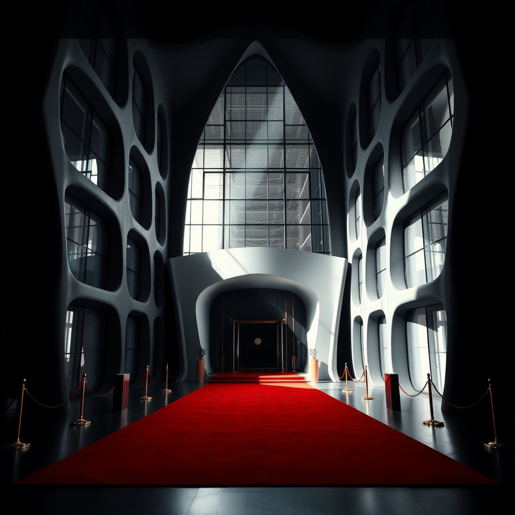 UHD, 4K, {large majestic entrance to a modern, organic (futuristic building Zaha Hadid style:1.5), large windows to the floor, (isolated in a large black empty space1:2), beam of light coming through a lateral illuminates the large stately portico, Red carpet flanked with golden cord and pedestals}, dramatic lighting, high contrast, 35mm, lateral upper perspective view, professional, epic, highly detailed