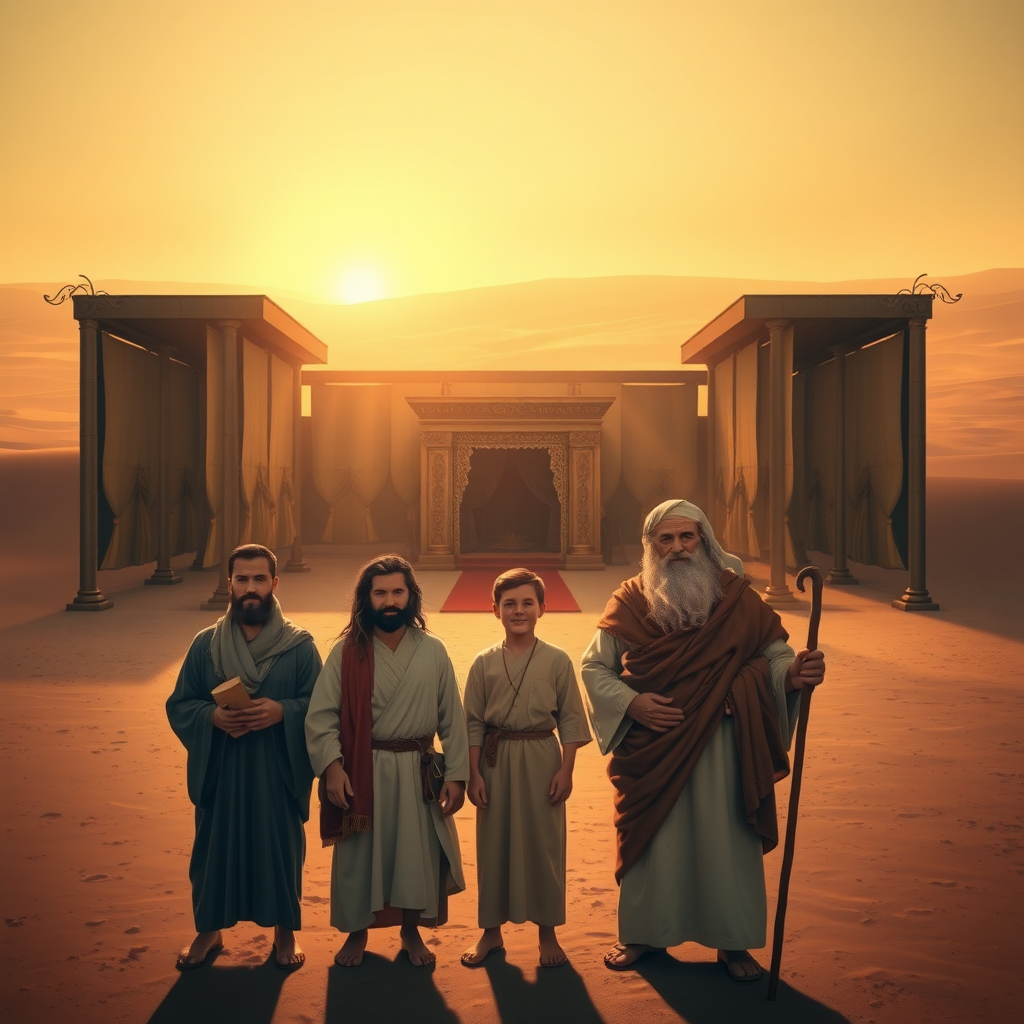 A highly realistic depiction of the sanctuary described in the Book of Exodus, set in a vast desert under a warm, golden sunlight. The sanctuary (Tabernacle) features a rectangular courtyard enclosed by fine linen curtains supported by bronze pillars, with a large, ornate entrance curtain. Inside the courtyard, include the bronze altar for burnt offerings and the laver for washing. The Tabernacle itself, located at the center, is a portable structure with rich coverings made of fine linen and animal skins, adorned with gold, silver, and bronze details. In the foreground, depict the biblical figures Daniel, Isaac, and Abraham standing reverently, facing directly toward the viewer with calm, serene, and slightly joyful expressions. Daniel holds a scroll, Isaac appears youthful and peaceful, and Abraham, with a flowing beard and staff, exudes wisdom and warmth. The background showcases the sanctuary and a barren, sandy desert landscape, creating a tranquil and spiritually uplifting scene.