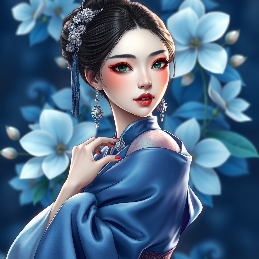 bad anatomy, ugly, deformed, blurry, bad proportions, extra limbs, missing limbs
/imagine prompt: elegant Asian woman in blue silk hanbok, iridescent snake scales on fair skin, sharp emerald eyes, silver ornaments, gentle pose, blue flower background --ar 2:3 --niji 5 --style elegant