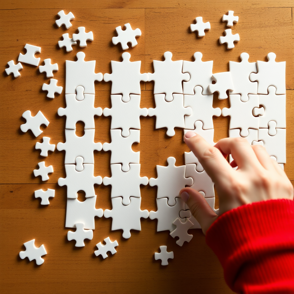 assembling a puzzle of white pieces