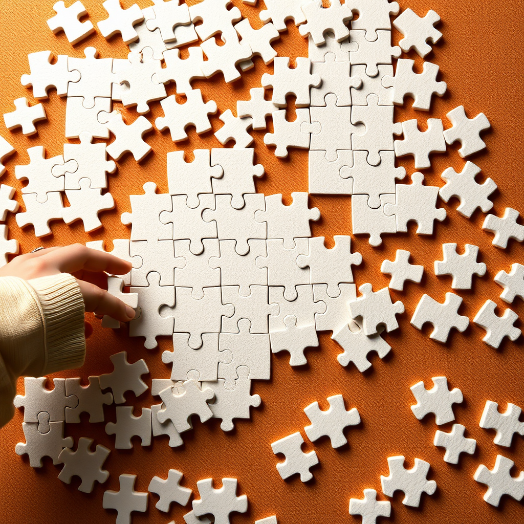 assembling a puzzle of white pieces