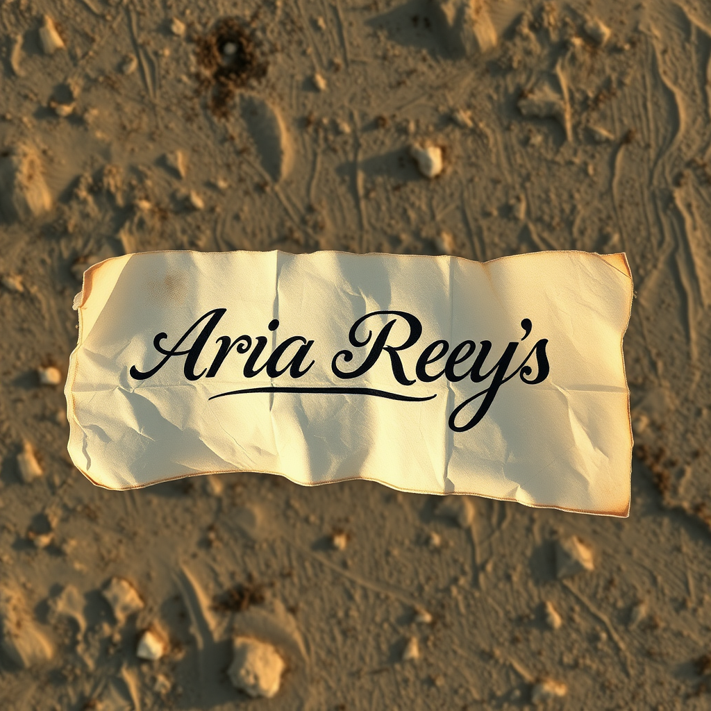 Raw photography 4D, extremely detailed, An oldest piece of napkin sign elegant text labeled "ARIA ROEYS" flaying on the wind. Aerial view image. 