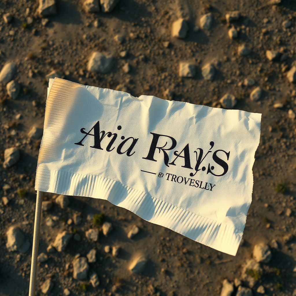 Raw photography 4D, extremely detailed, An oldest piece of napkin sign elegant text labeled "ARIA ROEYS" flaying on the wind. Aerial view image. 