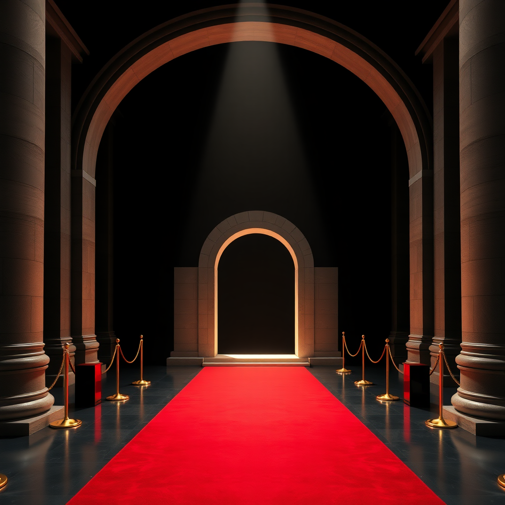 UHD, 4K, {large majestic portico with arch, stone, minimalist moder style, (isolated in a large black empty space1:2), beam of light coming through a lateral illuminates the large stately portico, Red carpet flanked with golden cord and pedestals}, dramatic lighting, high contrast, 35mm, lateral upper perspective view, professional, epic, highly detailed