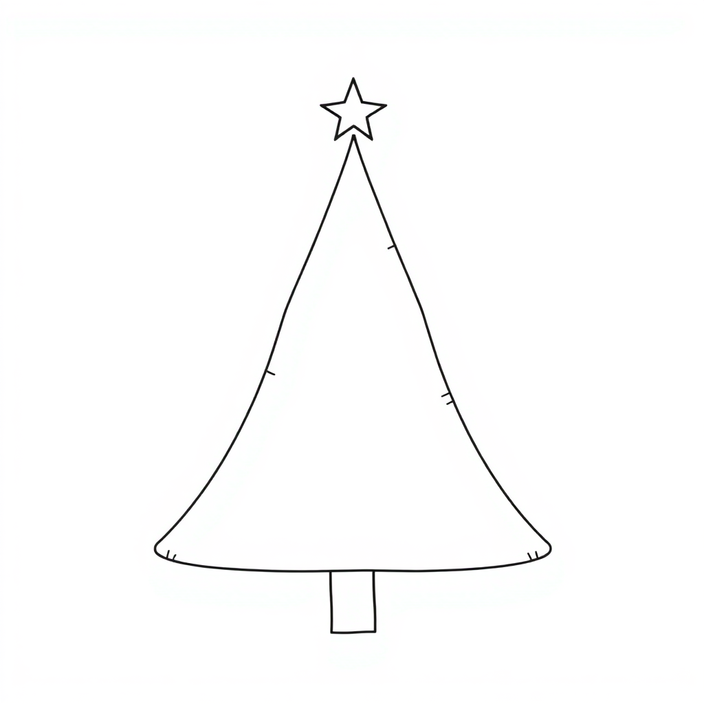 Draw a single continuous line forming a simple triangular Christmas tree outline with a small star on top, using clean and thin black lines