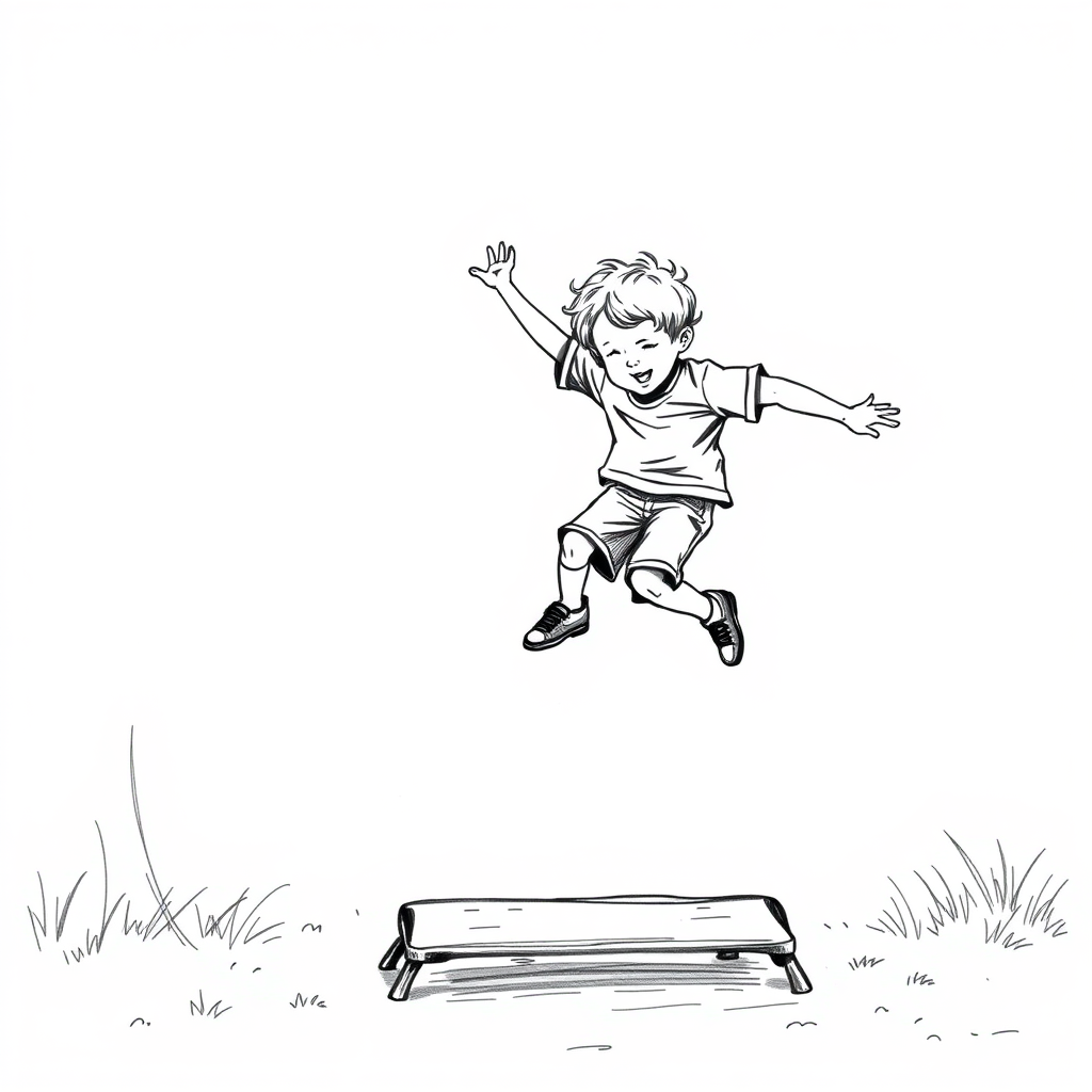 kid jumping over other kid (leapfrog game), black and white draw