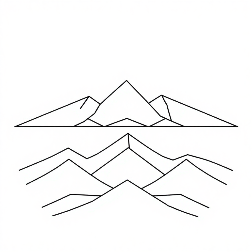 Create a minimalist line art illustration of A series of triangular shapes layered to represent mountains, blending symmetry and abstraction.