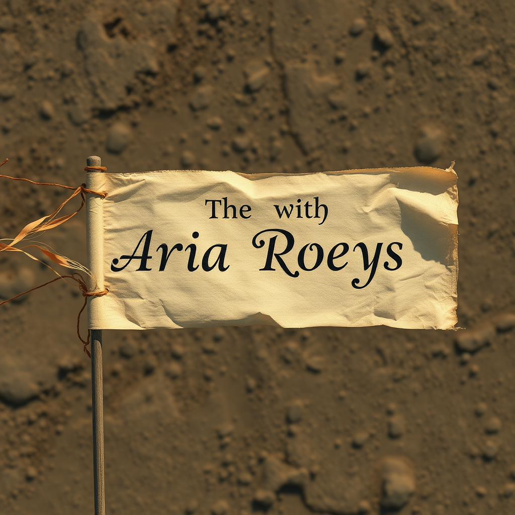 Raw photography 4D, extremely detailed, An oldest piece of napkin sign elegant text labeled "ARIA ROEYS" flaying on the wind. Aerial view image. 