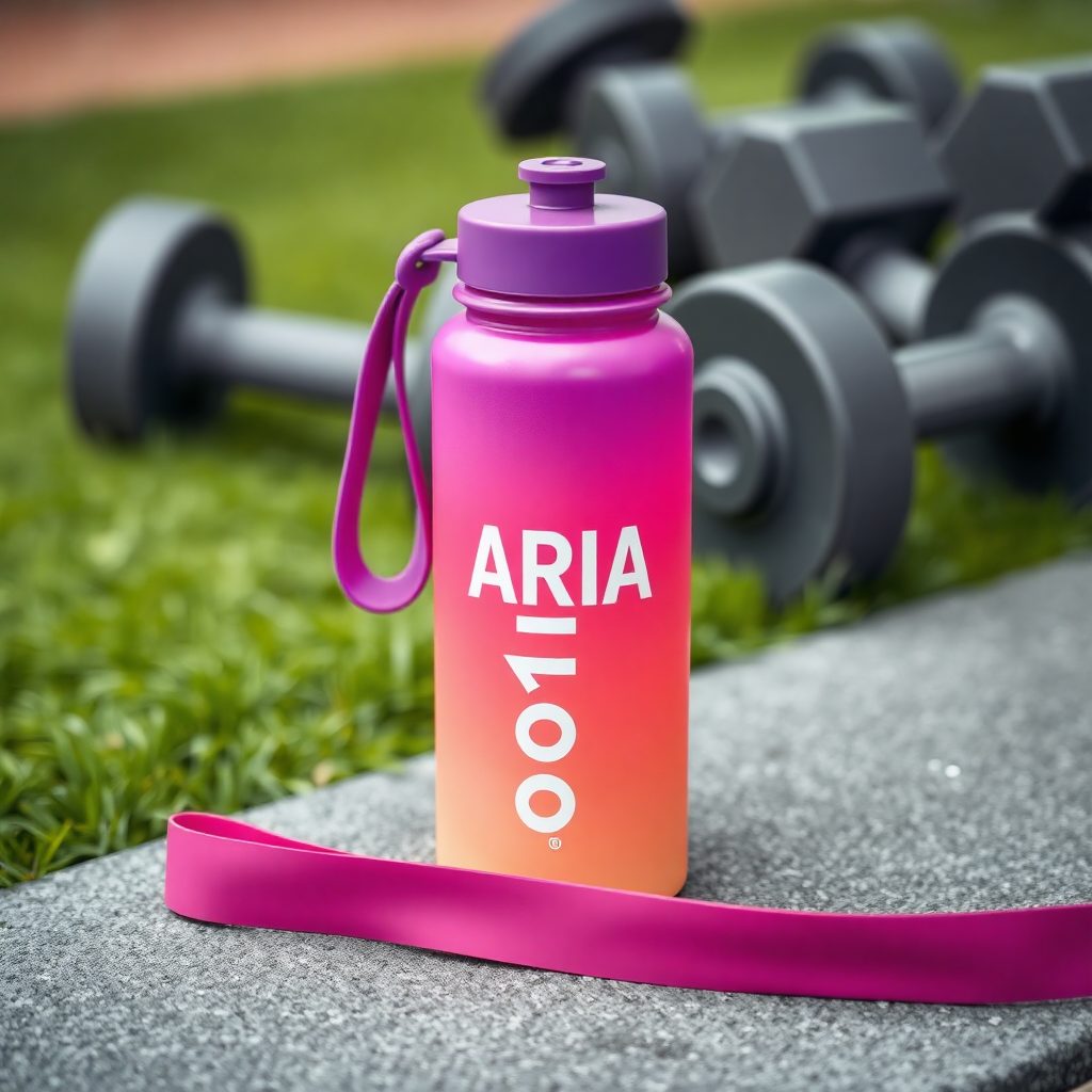 A vibrant, gradient-colored water bottle, with the text "ARIA BOTTLE" in bold, white letters, rests on a gray textured surface. The water bottle is a mix of pinkish-purple and soft peach colors, transitioning smoothly from one to the other, creating a ombre effect. It has a purple lid and strap, and the design is a blend of hyperrealistic and slightly impressionistic aesthetics.  In the background, blurred weight training dumbbells are visible, with their dark gray/black color. A vibrant mauve/pink resistance band lies across the lower part of the image. The scene is set within a gym or fitness environment, with a grassy green out-of-focus background as a backdrop.  Focus on the water bottle with the resistance band and dumbbells slightly out of focus/blurred.