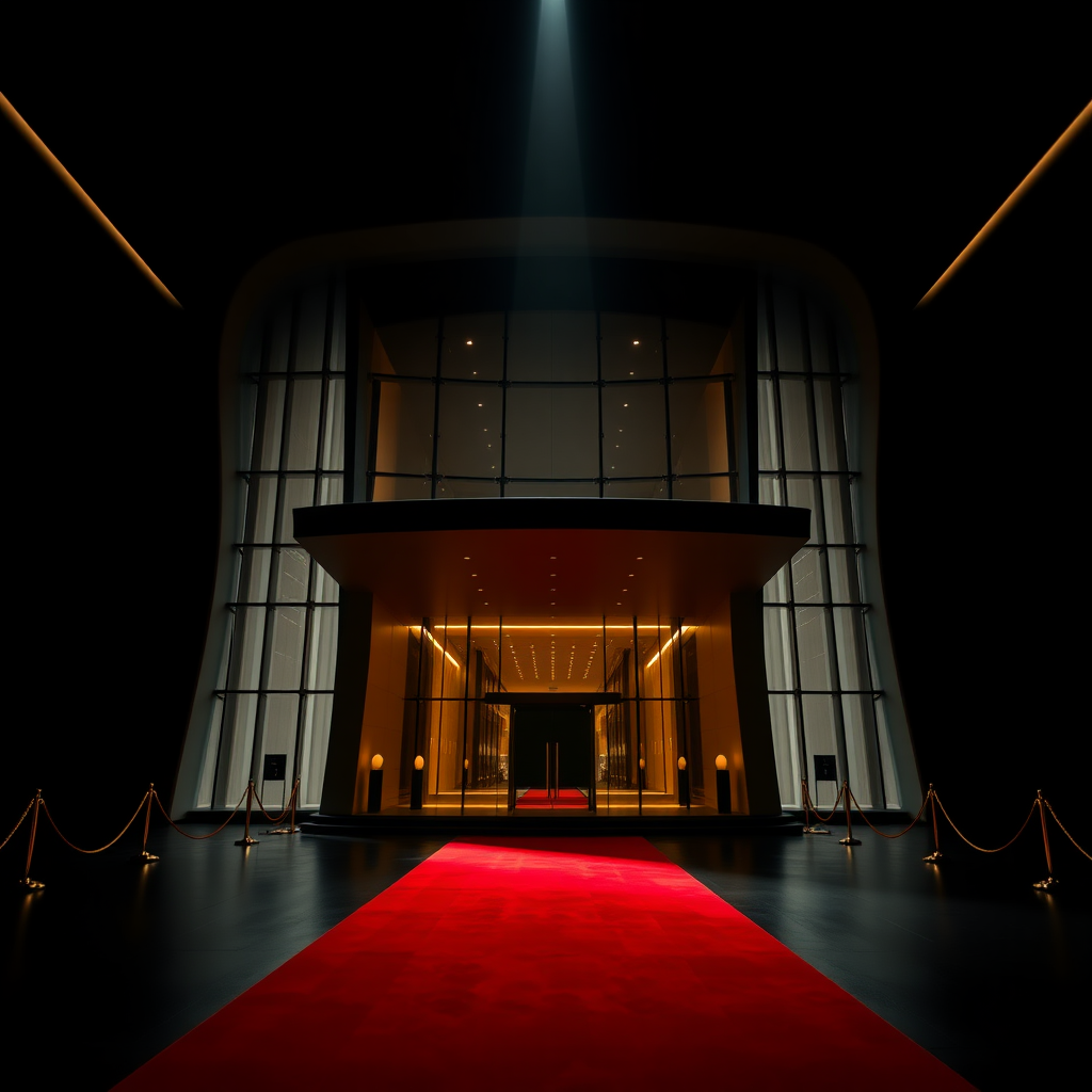 UHD, 4K, {large majestic entrance to a modern and organic futuristic building (Pritzker Prize:1.5), large windows to the floor, (isolated in a large black empty space), beam of light coming through a lateral illuminates the large stately portico, Red carpet flanked with golden cord and pedestals}, dramatic lighting, high contrast, 35mm, lateral upper perspective view, professional, epic, highly detailed