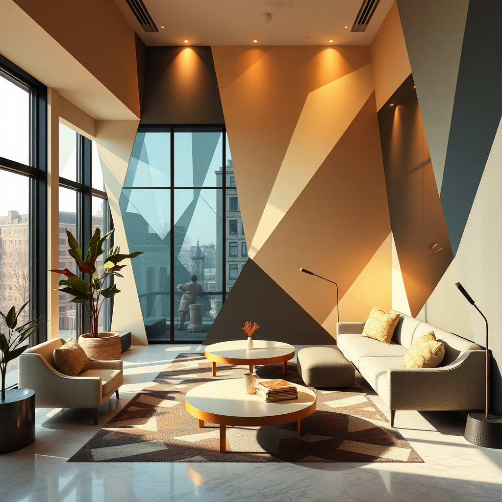 Abstract style art of a geometrical lounge, (interiorrhythm), (urban), (synchronized), (architecturemusic), transformation, (harmonious), (urbanbeat),natural and neutral light colors and shapes,expression of feelings,imaginative, cubism