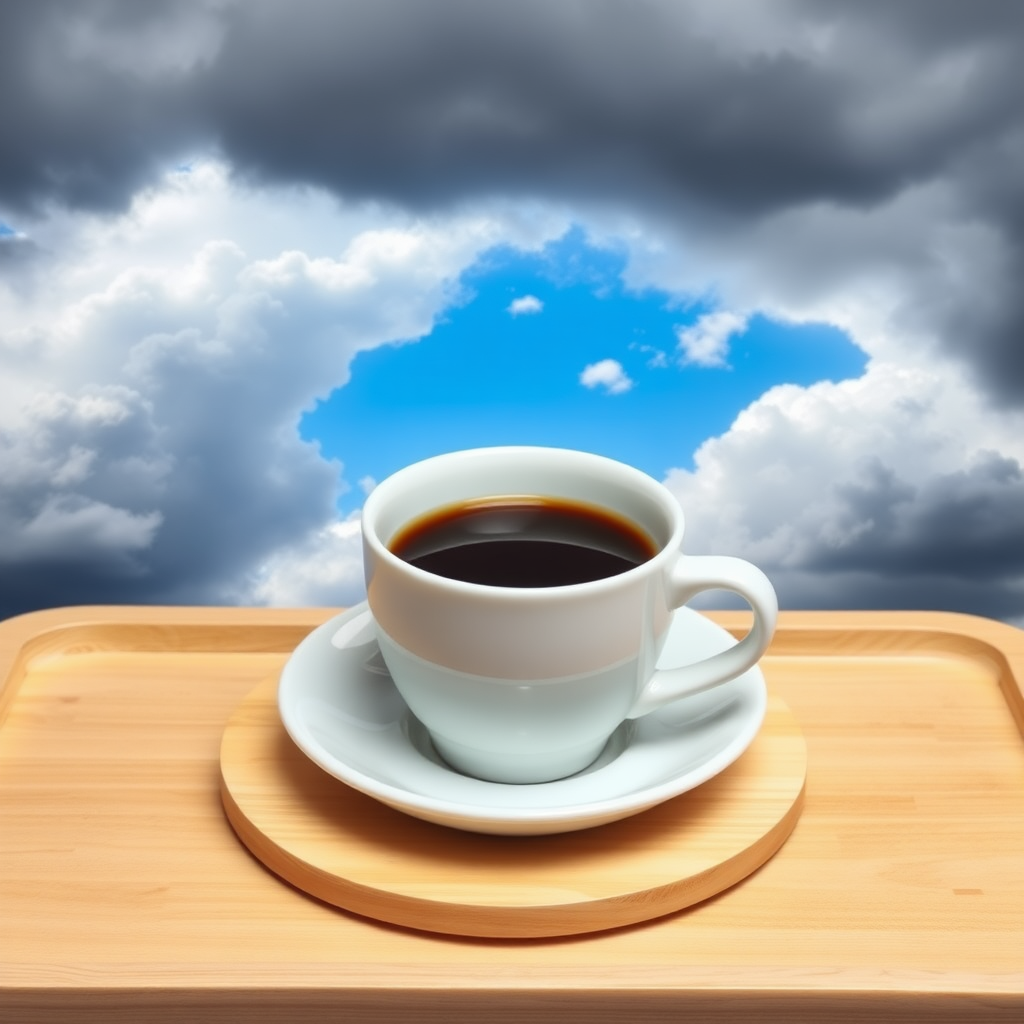 A white coffee cup filled with dark brown coffee sits on a light wooden tray, positioned in the mid-ground of the image.  The cup is centered and slightly angled towards the viewer. The saucer beneath the cup is also white.  The tray is a light, warm brownish-tan wood. A dramatic sky is artfully layered into the background. Dark, gray clouds dominate the top and bottom halves of the image.  A bright blue sky, with a few small, white clouds, is positioned between the dark clouds, creating a contrast emphasized by the location of the cup. The light source for the image appears to come from above and to the upper middle of the image, highlighting the coffee cup and tray. The perspective is slightly tilted down towards the subject in the image. The overall image style is an evocative depiction of a transition in weather.