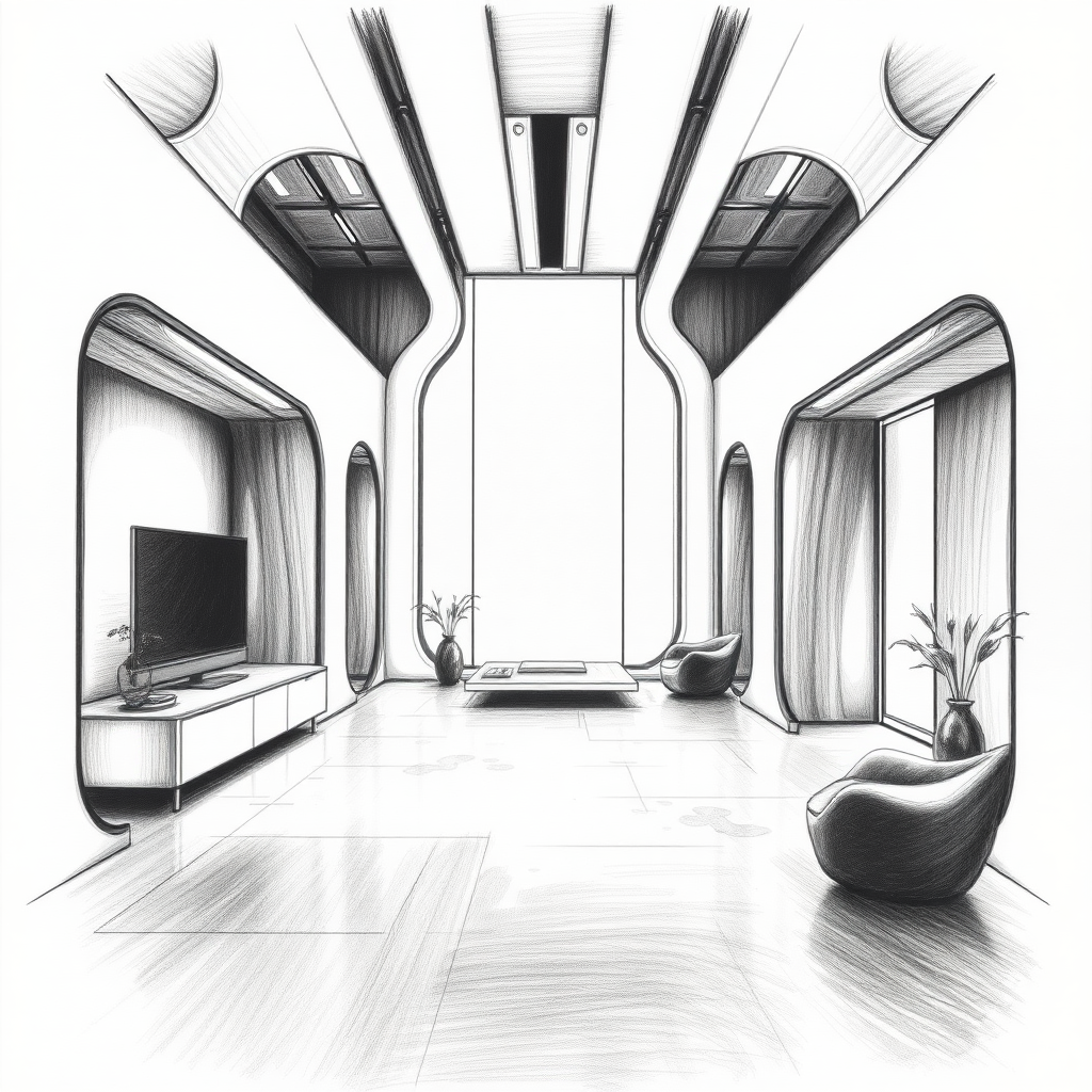 {a interior view of a conceptual, futuristic and modern interior, unifamiliar house, architectural space, minimalism},charcoal drawing style,dramatic contrast,expressive strokes,dynamic composition,professional-grade finish, futuristic aesthetic