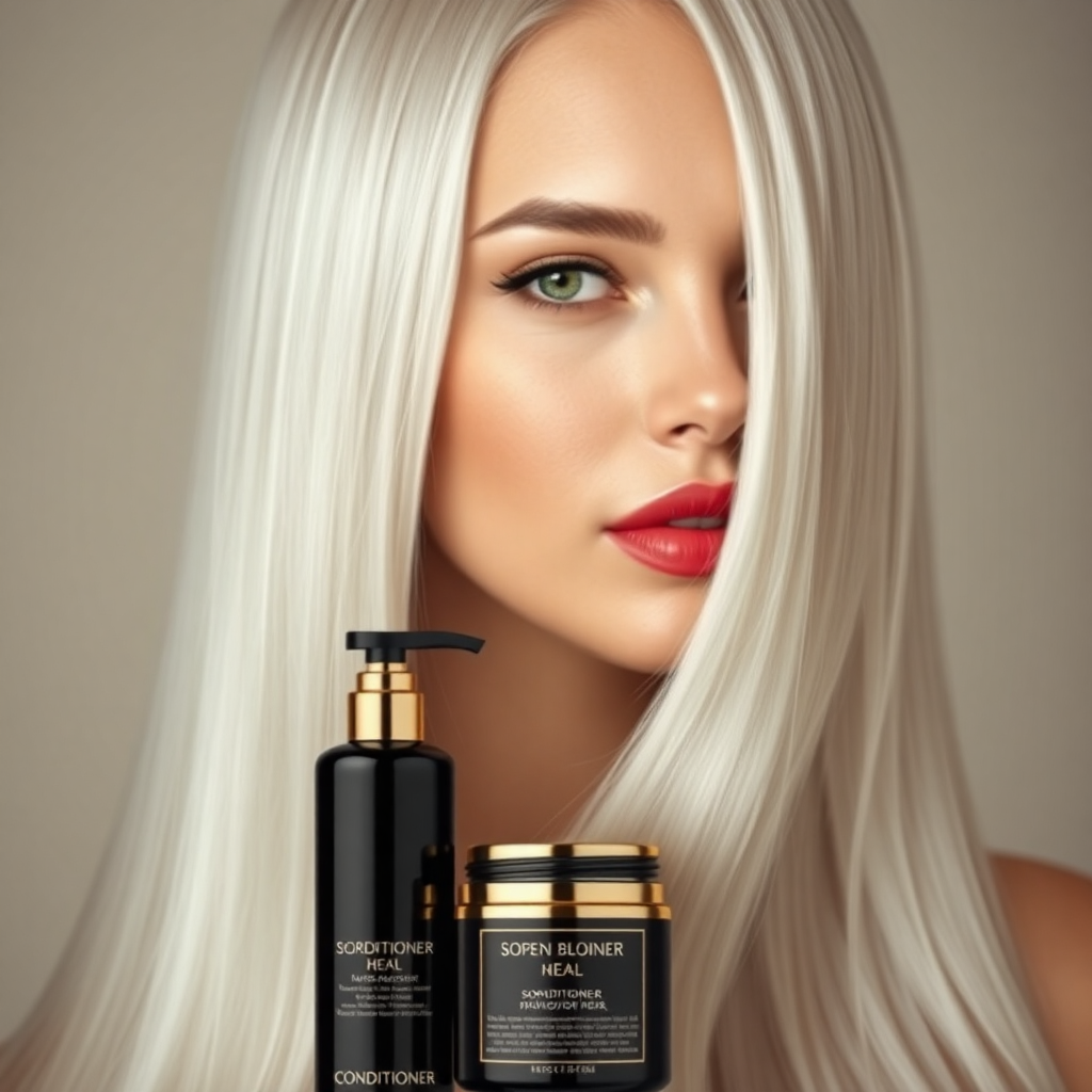 "Hyperrealistic portrait of a beautiful woman with long, silver, shiny hair, reflecting softness and silkiness. Her piercing green eyes convey confidence and elegance, while her full red lips add a touch of sophistication. The background is minimalist with neutral tones and soft lighting that highlights her radiant hair. At the bottom, a tall, black conditioner bottle with gold details and a screw-on cap on top of the jar's mouth, standing out as the star product. The composition is balanced, with an elegant and modern design that evokes luxury and exclusivity."