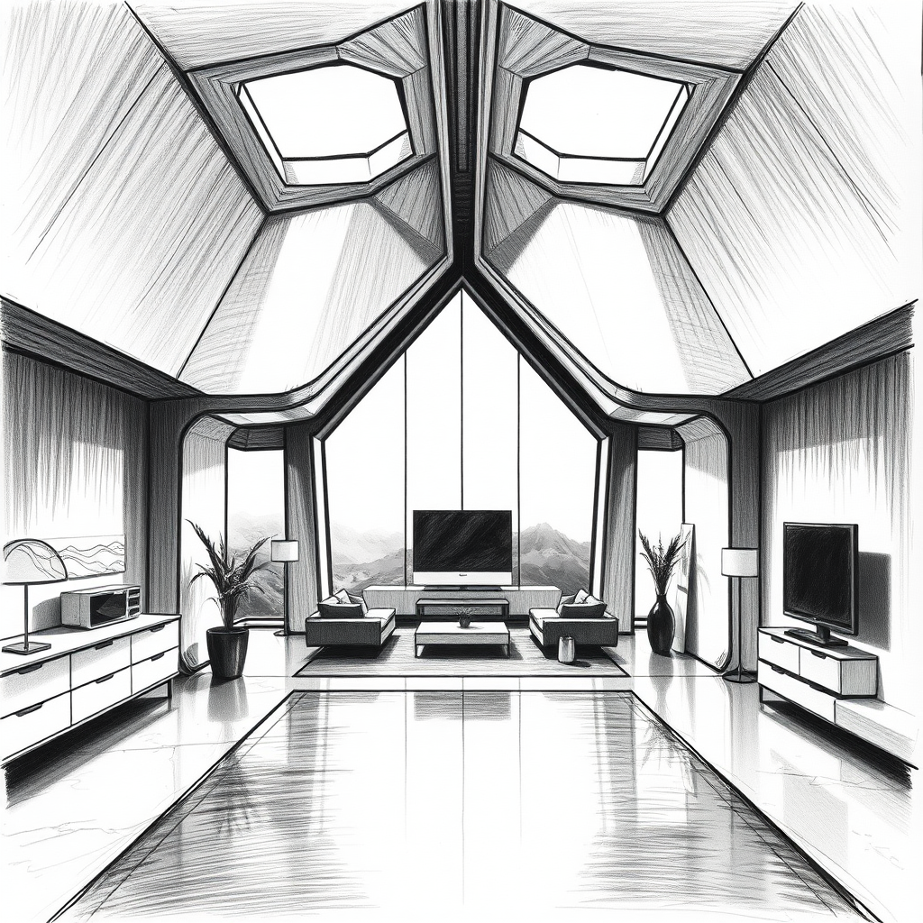 {a interior view of a conceptual, futuristic and modern interior, unifamiliar house, architectural space, minimalism},charcoal drawing style,dramatic contrast,expressive strokes,dynamic composition,professional-grade finish, futuristic aesthetic