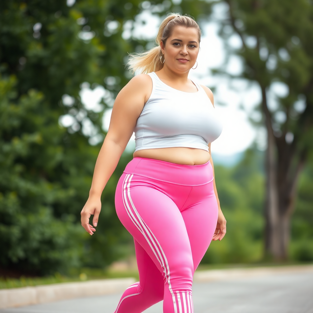 A plus-size woman in athletic wear, walking outdoors.  Medium shot, slightly low angle.  Woman has blonde ponytail; white crop top with Adidas logo; pink leggings with white stripes.  The leggings have a sculpted fit highlighting her curves.  Full-figured, athletic body.  Natural outdoor setting; blurred green foliage and trees in the background. Light gray pavement.  Colors are bright pink, white, and light gray.  Soft lighting, impressionistic style, but aiming for a realistic representation of body image.  Focus on the woman, with background slightly out of focus.  Show detail in her athletic build, with a sense of movement as she walks.  Capture an effortless beauty in activewear.
