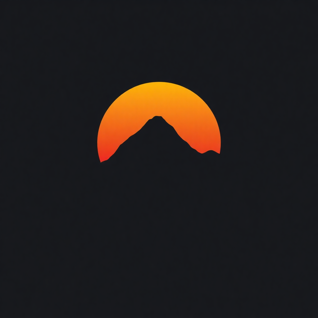 A single bold mountain outline with a rising sun in the background.