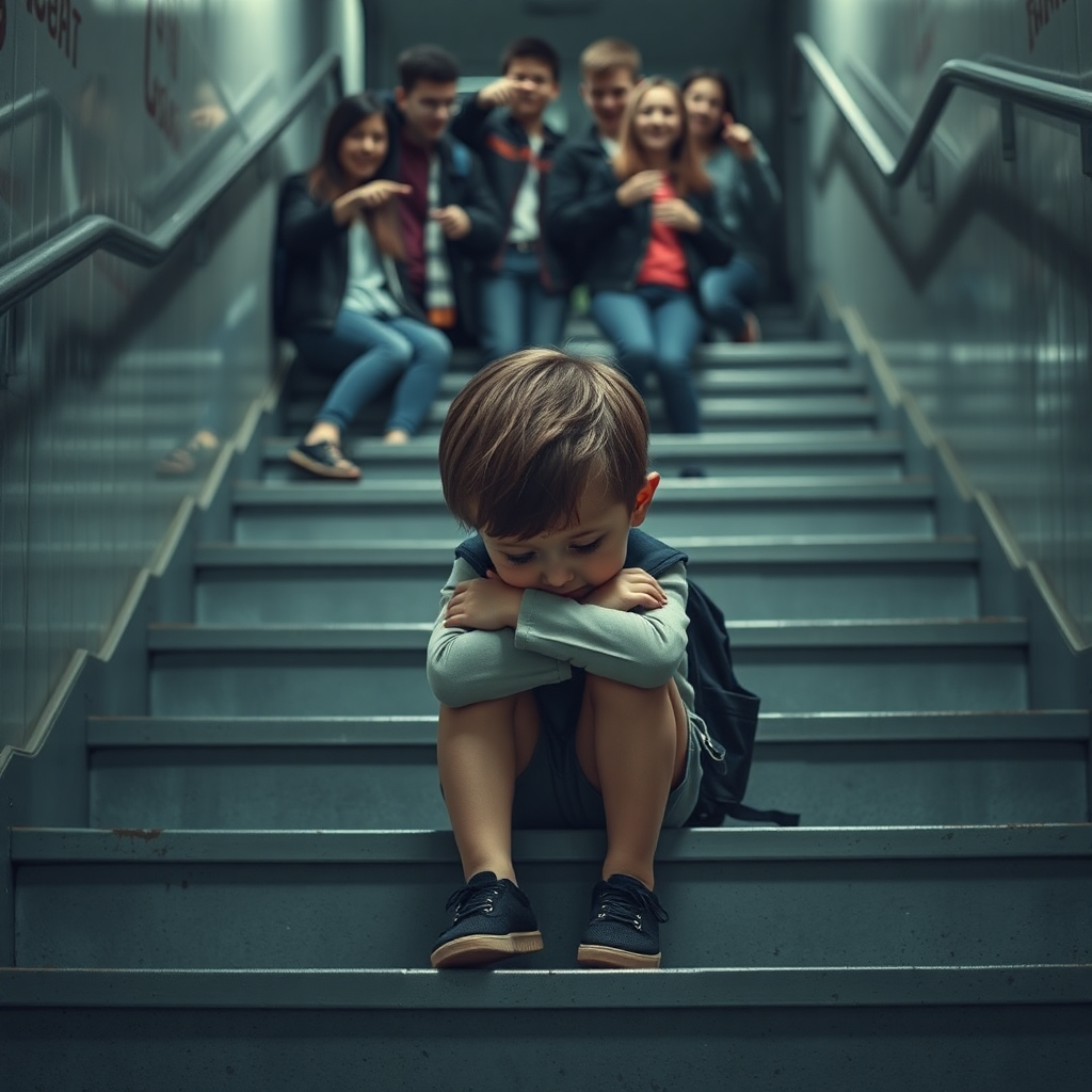 A small child sits alone on the school stairs, hugging their backpack tightly, with tears glistening in their eyes. In the background, a group of students laughs and mocks them, pointing fingers. The colors are dark and muted, reflecting the sadness the child feels.

"Realistic"

