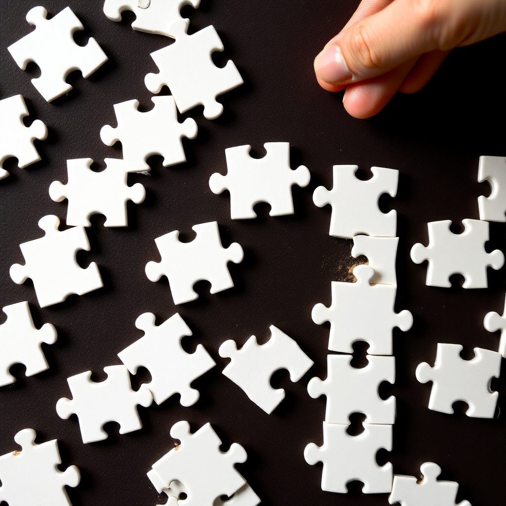 assembling a puzzle of white pieces, keep consistent pieces