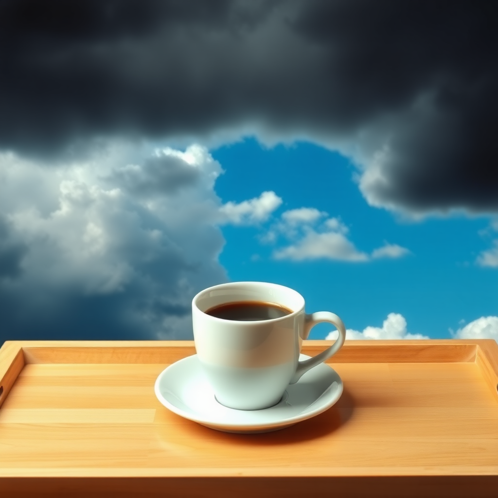 A white coffee cup filled with dark brown coffee sits on a light wooden tray, positioned in the mid-ground of the image.  The cup is centered and slightly angled towards the viewer. The saucer beneath the cup is also white.  The tray is a light, warm brownish-tan wood. A dramatic sky is artfully layered into the background. Dark, gray clouds dominate the top and bottom halves of the image.  A bright blue sky, with a few small, white clouds, is positioned between the dark clouds, creating a contrast emphasized by the location of the cup. The light source for the image appears to come from above and to the upper middle of the image, highlighting the coffee cup and tray. The perspective is slightly tilted down towards the subject in the image. The overall image style is an evocative depiction of a transition in weather.