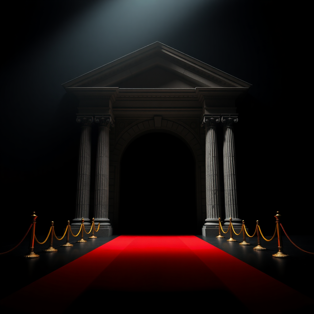 UHD, 4K, {large majestic portico with arch, stone, neoclassical style, (isolated in a large black empty space1:2), beam of light coming through a lateral illuminates the large stately portico, Red carpet flanked with golden cord and pedestals}, dramatic lighting, high contrast, 35mm, lateral upper perspective view, professional, epic, highly detailed