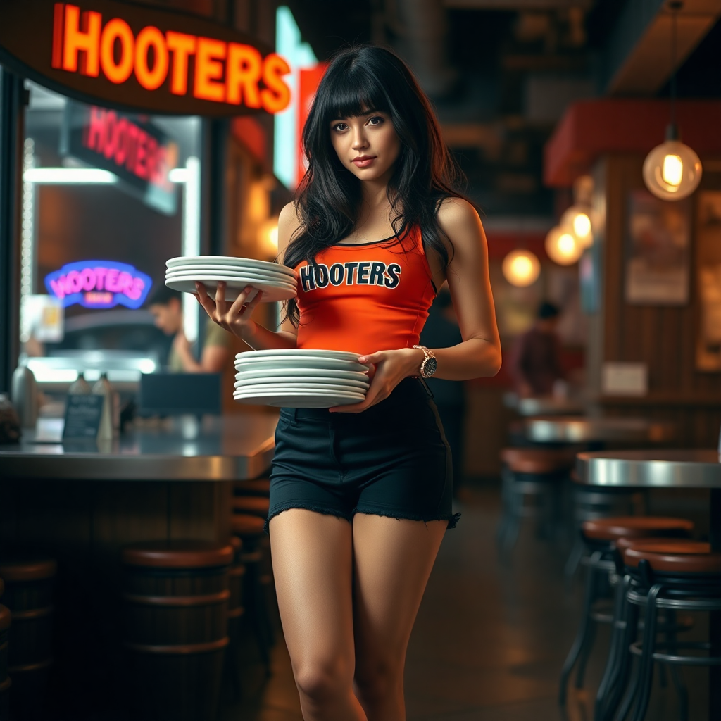 dark hair hooters waitress, loose hair, mini black short, orange sneakers, holding plates