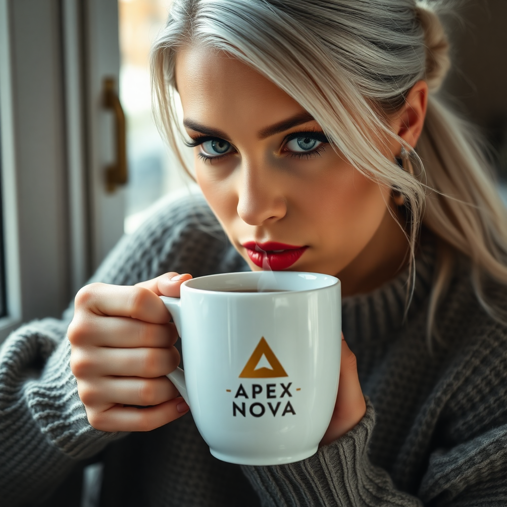 "A beautiful cinematic close-up of a woman with striking silver hair tied back, deep green eyes, and bold red lips drinking from a sleek white ceramic coffee mug with a stylish logo design. The “Apex Nova” branding is subtly incorporated with a gold and black color scheme and smoke is seen rising from the mug simulating the aroma. She is wearing a comfortable yet stylish sweater, sitting by a window with soft natural light, creating a warm and inviting atmosphere. The focus is on the mug and her captivating gaze, making the scene feel aspirational and sophisticated."