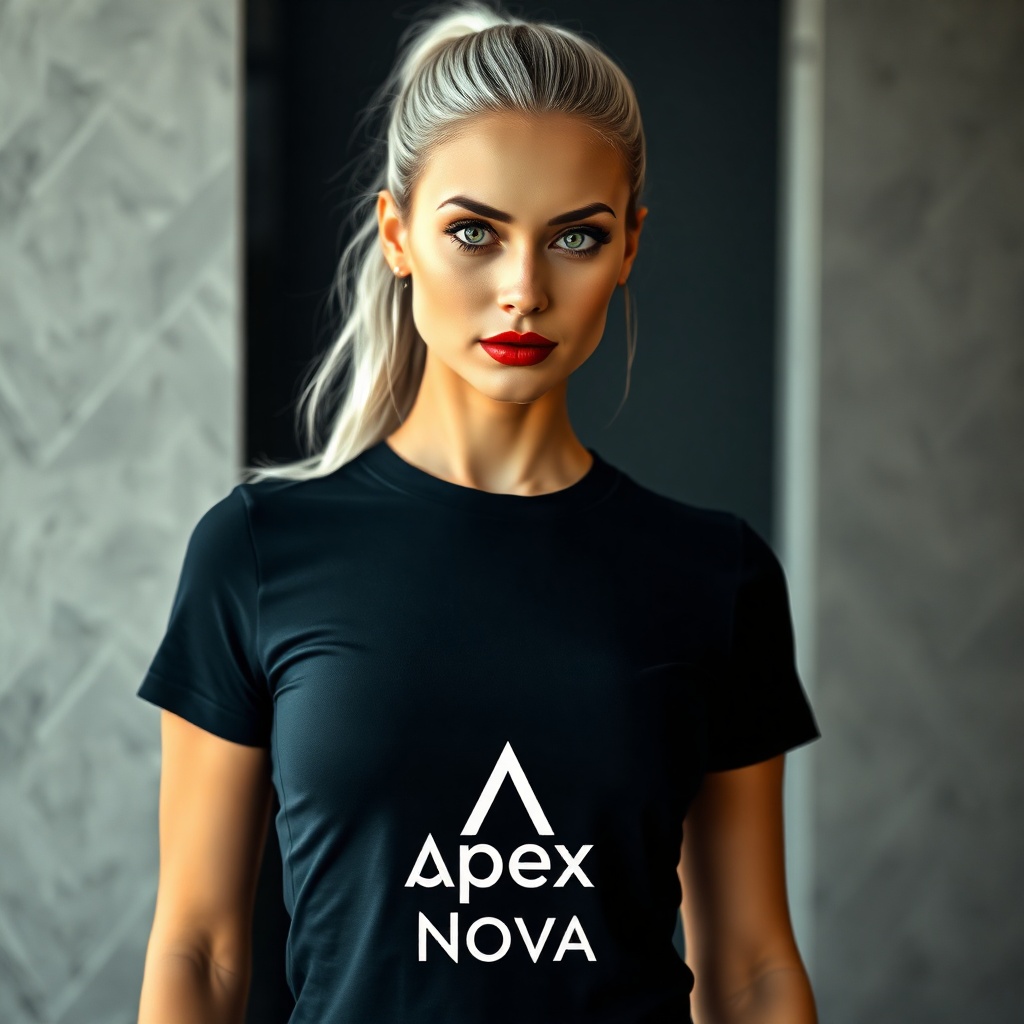 "A photorealistic fashion photograph of a striking woman with silver hair pulled back in a ponytail, captivating green eyes, and full, red lips wearing a fitted, high-quality branded t-shirt. The t-shirt features a minimalist yet bold “Apex Nova” logo design, blending style and branding seamlessly. She is standing in front of a modern, textured background with soft directional lighting highlighting the contours of her figure and the texture of the premium fabric. The image exudes confidence, sophistication, and the power of personal branding in everyday fashion."