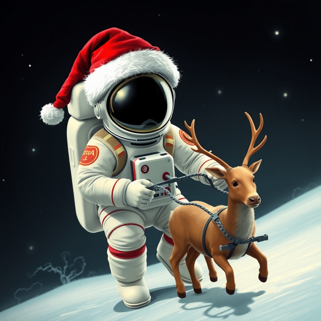 Astronaut wearing a Santa Claus hat pulling a deer car