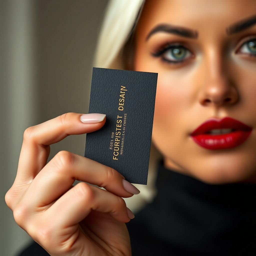 "A close-up shot of a woman’s elegantly manicured hand holding a luxurious black business card with embossed gold lettering, subtly showcasing her brand identity. The background reveals a partial view of her striking face with silver hair, green eyes, and full red lips, softly out of focus to maintain the card as the focal point. The atmosphere is refined, modern, and impactful, perfect for an entrepreneur looking to make a bold first impression."