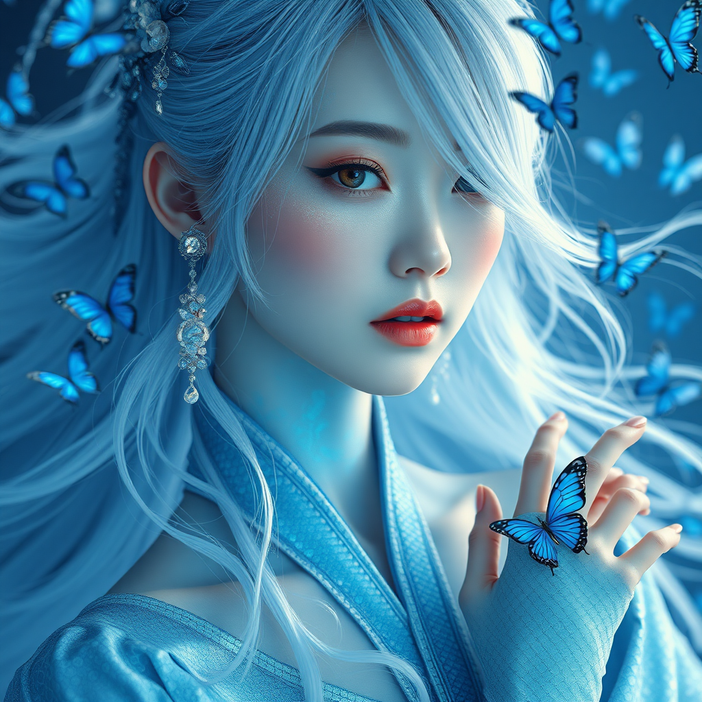 ethereal Asian woman, delicate blue snake scales shimmering on fair skin, vertical pupils, flowing silver-blue hair, modern hanbok with snake patterns, crystal accessories, dreamy atmosphere, soft blue lighting, floating blue butterflies, detailed skin texture, high fashion, artistic photography, WLOP style, 8k, masterpiece, photorealistic, ugly, deformed, blurry, bad anatomy, bad proportions, extra limbs, cloned face, disfigured, gross proportions, malformed limbs, missing arms, missing legs, extra arms, extra legs, mutated hands, poorly drawn hands, poorly drawn face, mutation, distorted, out of frame