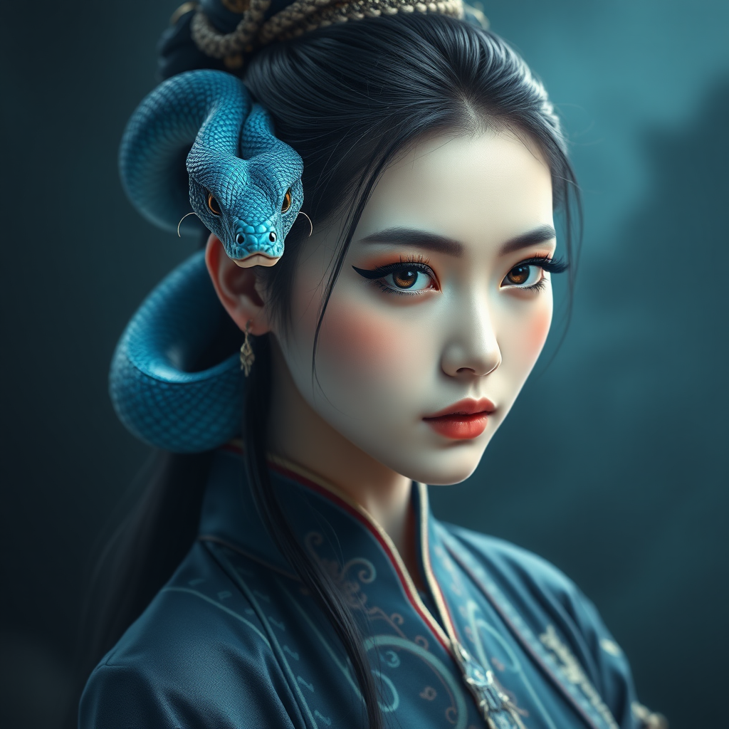 beautiful Asian woman, blue snake features, modern hanbok, mystical atmosphere, high quality, detailed